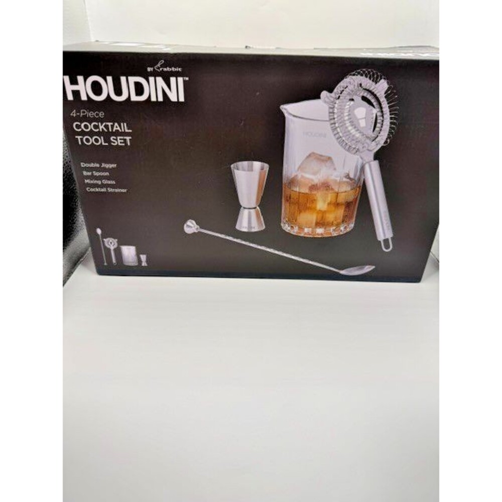 Houdini 4 Piece Cocktail Tool Set Mixing Glass Jigger Strainer Bar Spoon NEW